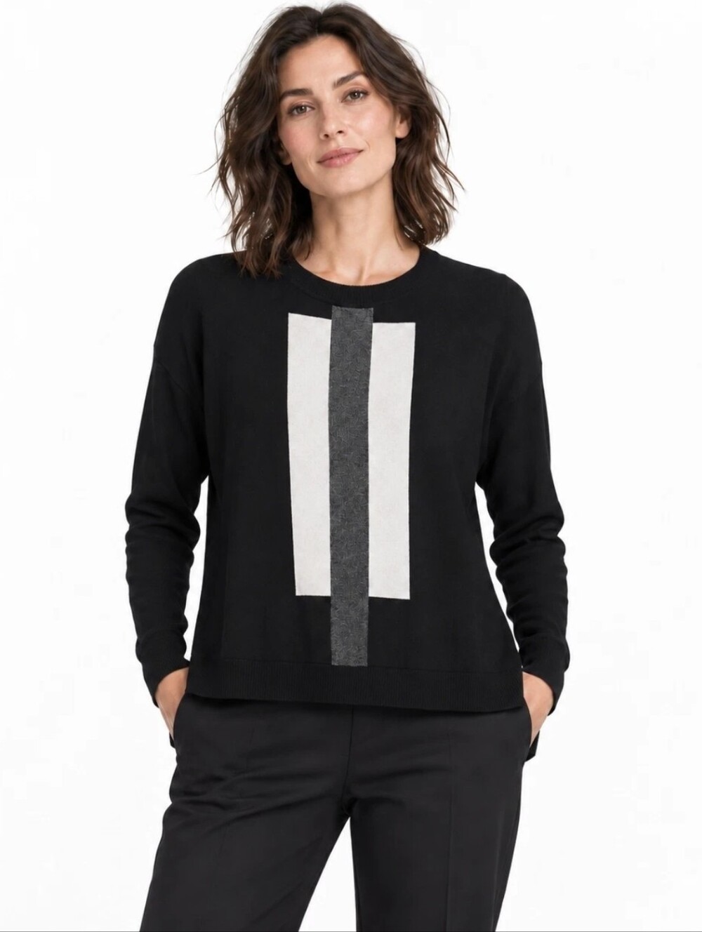 Planet by Lauren G Sweater OS Black Colorblock Pima Cotton Modal Knit High-Low